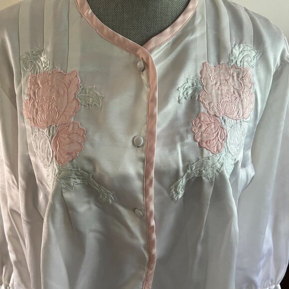 Vtg Etienne Pink Satin Womens L Embroidered Peignoir Robe Nightgown Cottagecore - Picture 4 of 11